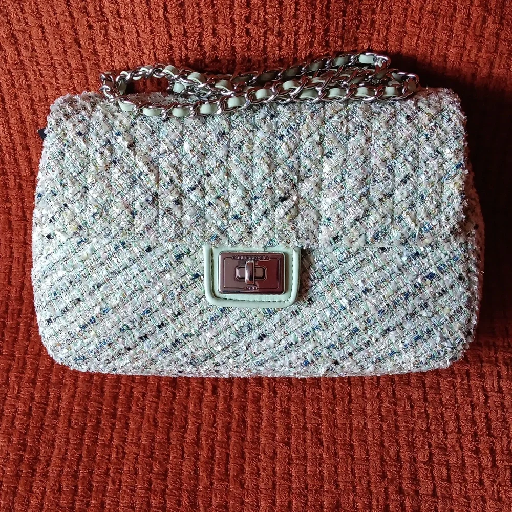 Karl Lagerfeld Paris Tweed Shoulder Bag in Mist Green - Picture 7 of 14